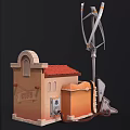 Cartoon Scene Featuring Small House With Red Roof Orange Walls Awning Windmill Table And Chairs