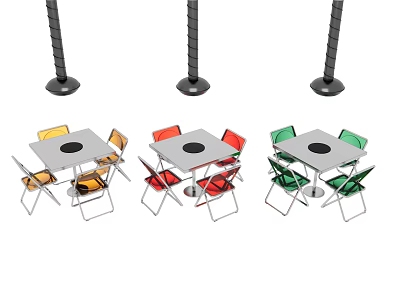 Square Dining Tables With Round Center Holes And Multicolored Chairs In Yellow Red Green 3d model