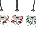 Square Dining Tables With Round Center Holes And Multicolored Chairs In Yellow Red Green