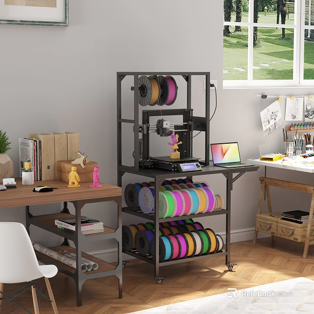 3D Printer Workspace Setup With Colorful Filament Reels Laptop And Tools 3d model