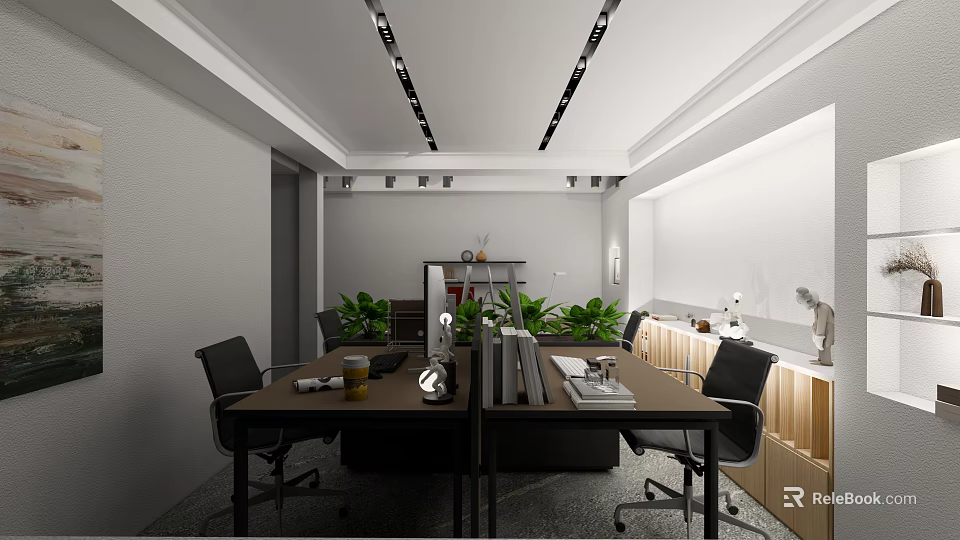 Modern Public Office Space With Long Table Black Office Chairs Green Plants And Ceiling Lights 3d model 