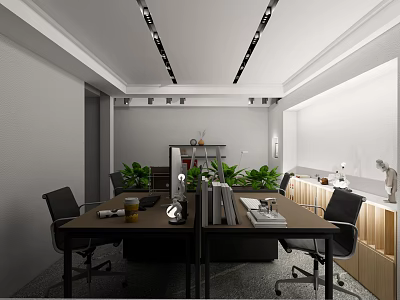 Modern Public Office Space With Long Table Black Office Chairs Green Plants And Ceiling Lights 3d model