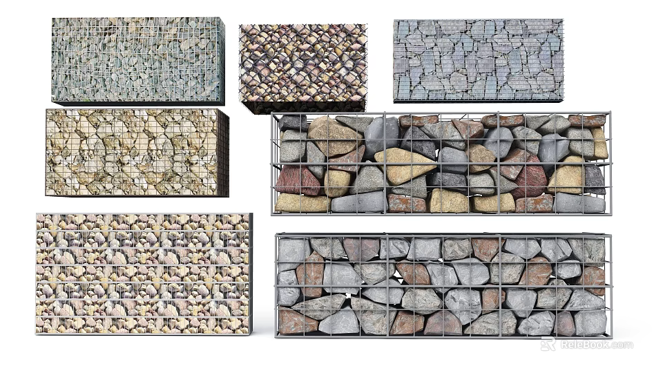 Multiple Textured Stone And Wood Gabion Structures For Outdoor Garden Design 3d model 
