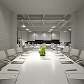 Modern Public Office Space With Long Table Hanging Lights Notebooks Pens And Green Plants