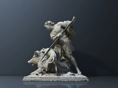 Classical Mythological Sculpture Of Hero Holding Spear Fighting Boar On Base 3d model