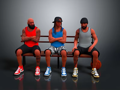 Three Men Sitting On Wooden Bench With Basketball Tank Tops Shorts And Sneakers 3d model