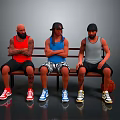 Three Men Sitting On Wooden Bench With Basketball Tank Tops Shorts And Sneakers