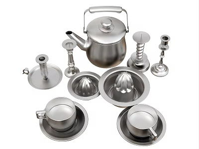 Modern Stainless Steel Tableware Set with Teapot Juicers and Cups with Saucers 3d model