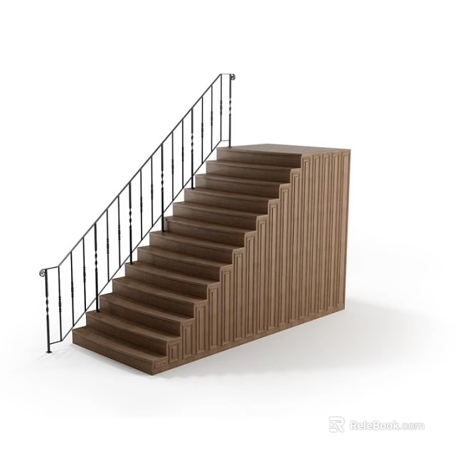 Modern Wooden Staircase With Metal Handrail And Vertical Panel Design Structure 3d model 