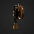 Vintage Wooden Circular Household Item With Decorative Gold Bell And Metal Accents