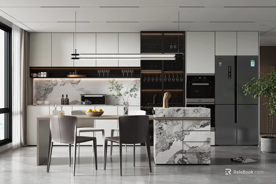 Modern Restaurant Interior With Marble Island White Cabinets Black Appliances Dining Table And Hanging Lights 3d model 