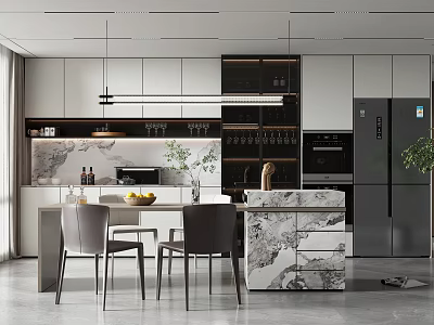 Modern Restaurant Interior With Marble Island White Cabinets Black Appliances Dining Table And Hanging Lights 3d model