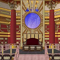 Ancient Architecture Interior With Red Pillars Golden Decorations Wooden Ceiling And Circular Blue Window
