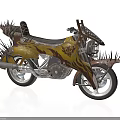 Custom Spiked Motorcycle With Yellow Brown Decorative Patterns And Leather Seat