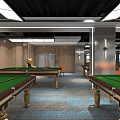 Billiard Room Interior Design With Green Felt Tables Orange Seating And Ceiling Lights