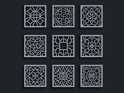 Traditional Chinese Lattice Windows With Square Frames And Various Decorative Patterns 3d model