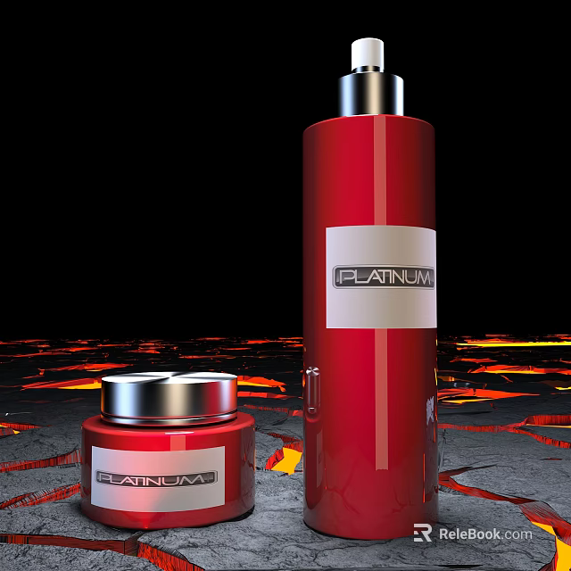 Platinum Label Perfume Cosmetics Red Bottles In Different Sizes With Lava Texture Background 3d model 