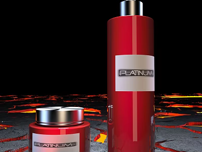 Platinum Label Perfume Cosmetics Red Bottles In Different Sizes With Lava Texture Background 3d model