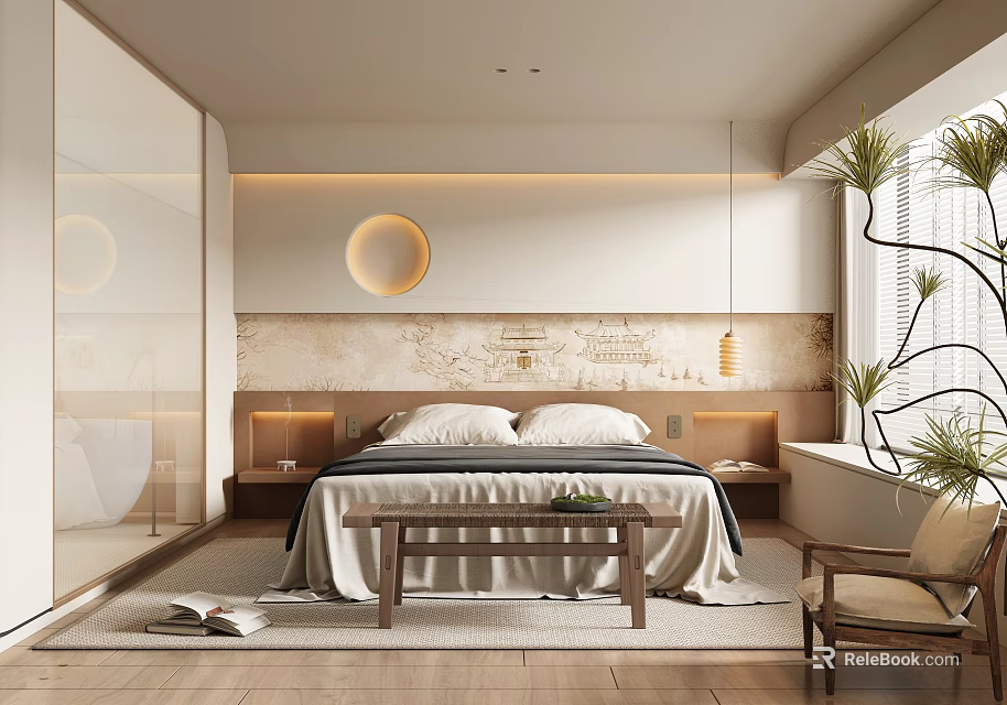 Modern Minimalist Bedroom Interior With King Bed Circular Light And Potted Plant 3d model 