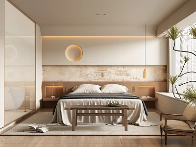 Modern Minimalist Bedroom Interior With King Bed Circular Light And Potted Plant 3d model