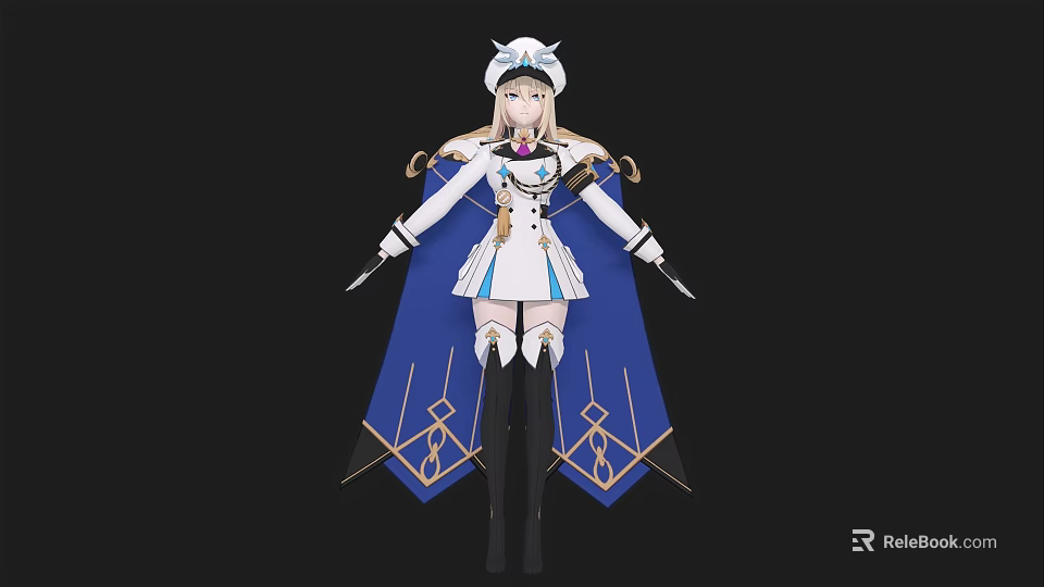 Anime Style Character In White Blue Outfit With Cloak Hat And Weapons 3d model 