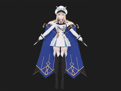 Anime Style Character In White Blue Outfit With Cloak Hat And Weapons 3d model