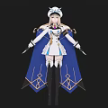 Anime Style Character In White Blue Outfit With Cloak Hat And Weapons