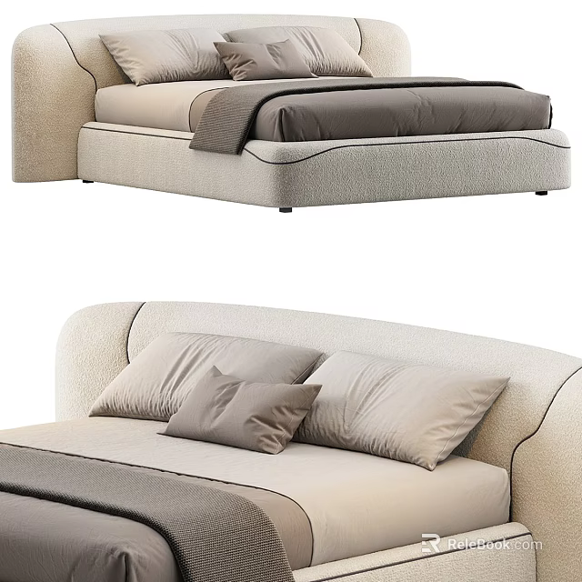 Modern Comfortable Double Bed With Beige Fabric Upholstery And Gray Pillows 3d model 