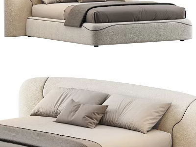 Modern Comfortable Double Bed With Beige Fabric Upholstery And Gray Pillows 3d model