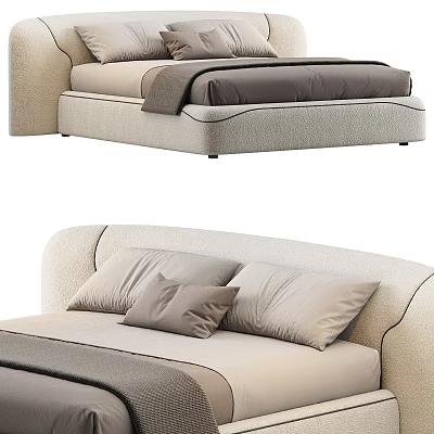Modern Comfortable Double Bed With Beige Fabric Upholstery And Gray Pillows 3d model