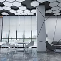 Modern Reception Desk Interior With Geometric Ceiling Marble Countertop And World Map Decor