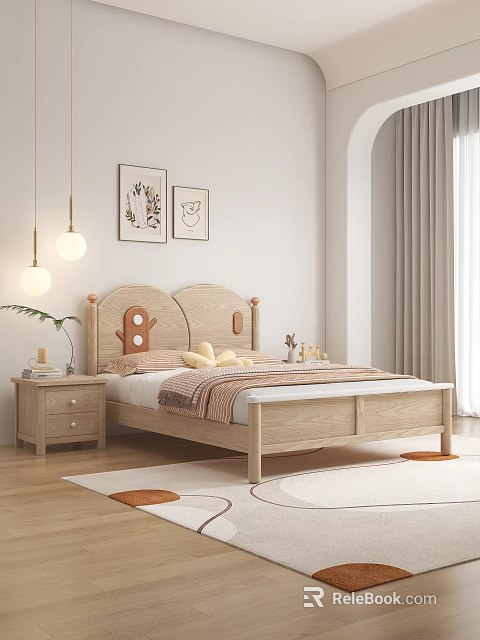 Simple Bedroom Interior Design With Wooden Bed Nightstand Pendant Lights Decorative Paintings And Rug 3d model 