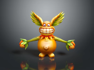 Cheerful Cartoon Game Character With Round Orange Body Yellow Green Wings Big Smile Holding Fruit 3d model