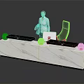 Modern White Marble Reception Desk With Black Countertop Laptop And Office Chair