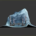Cartoon Scene Featuring Frozen Iceberg with Stone Towers and Calm Water Area