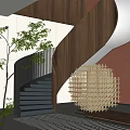 Modern Spiral Staircase With Wooden Handrail Against Red Brick Wall Geometric Decor And Green Plant