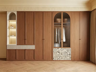Modern Wooden Wardrobe with Glass Display Cabinet Open Shelves and Decorative Pattern Base 3d model