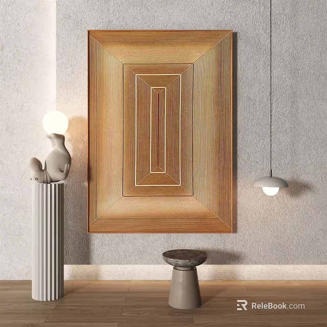 Modern Interior Decor Featuring Wooden Decorative Painting Sculpture Lamp Pendant Light And Small Stool 3d model 