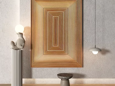 Modern Interior Decor Featuring Wooden Decorative Painting Sculpture Lamp Pendant Light And Small Stool 3d model