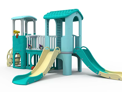 Teal And Yellow Playground Equipment With Slides Climbing Ladder And Canopy Platform 3d model