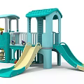 Teal And Yellow Playground Equipment With Slides Climbing Ladder And Canopy Platform