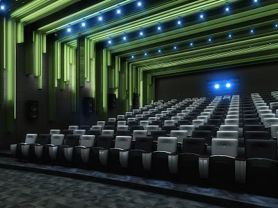 Modern Cinema Interior With Comfortable Seats Green Decorations And Ceiling Lights 3d model