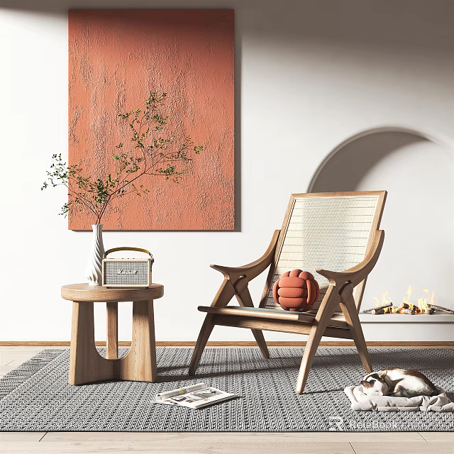 Wooden Leisure Chair With Rattan Seat Side Table Green Plant And Orange Artwork Near Fireplace 3d model 
