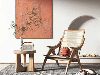 Wooden Leisure Chair With Rattan Seat Side Table Green Plant And Orange Artwork Near Fireplace 3d model