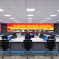 Military Monitoring Room Featuring Neatly Arranged Control Consoles Blue Screens and Strategic Wall Banners