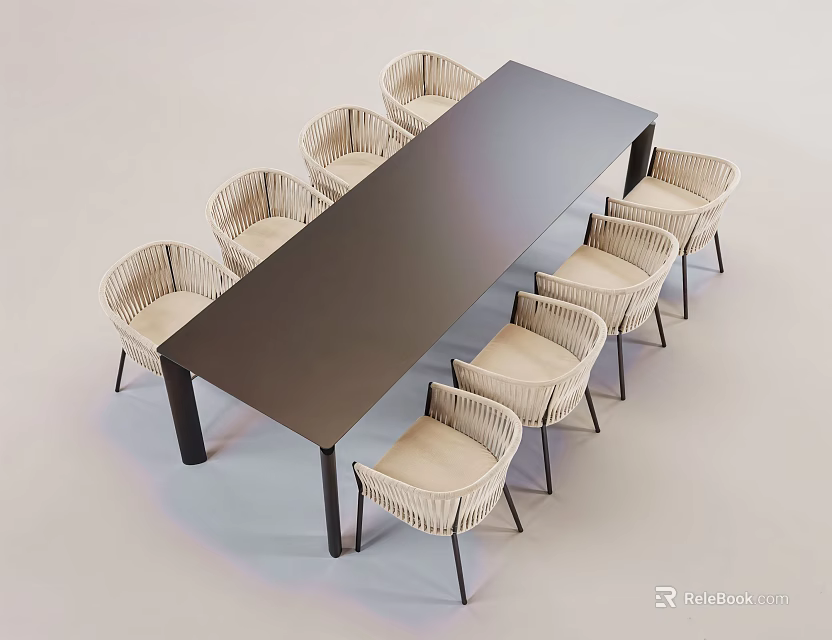 Modern Rectangular Black Dining Table Set With Eight Rattan Chairs And Light Colored Seats 3d model 