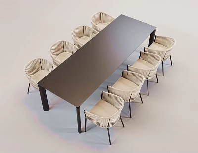 Modern Rectangular Black Dining Table Set With Eight Rattan Chairs And Light Colored Seats 3d model
