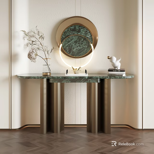 Elegant Console Table with Green Marble Top Metal Legs Round Mirror Ring Light and Sculpture 3d model 