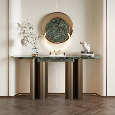 Elegant Console Table with Green Marble Top Metal Legs Round Mirror Ring Light and Sculpture 3d model