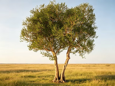 Majestic Arbor With Twin Trunks And Lush Green Foliage In Vast Grassland Under Blue Sky 3d model